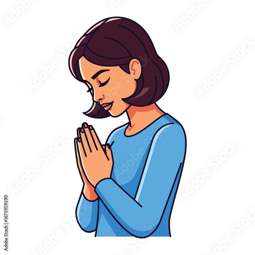 Praying with Serenity: A captivating illustration showcases a woman deep in prayer, her hands clasped, eyes gently closed, radiating a sense of peace and devotion.
