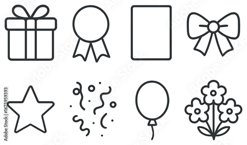 Celebration essentials linear icon set. featuring gift, medal, card, bow, star, confetti, balloon, and flowers