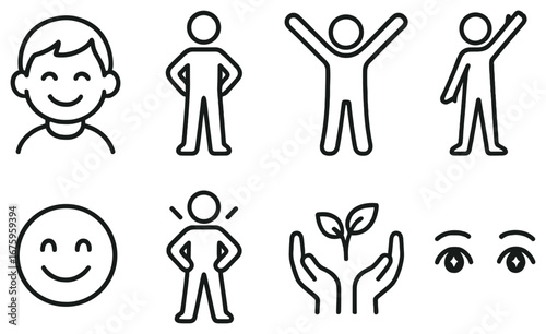 Human emotions and actions linear icon set. featuring smiling face, standing pose, hands up, child, and growth symbols