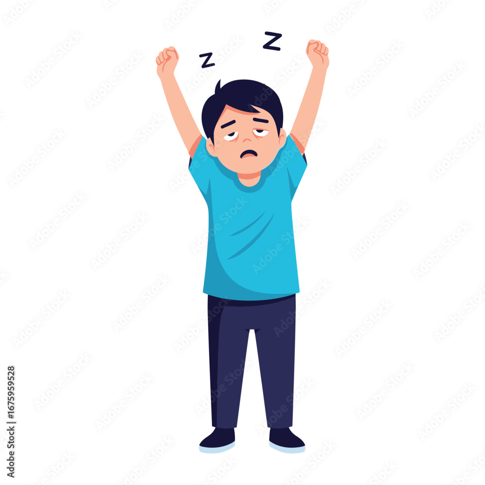 Φωτογραφία Tired Boy Stretching: A youthful figure, bleary-eyed and in a moment of weariness, stretches in a display of relatable fatigue, capturing the essence of needing some rest