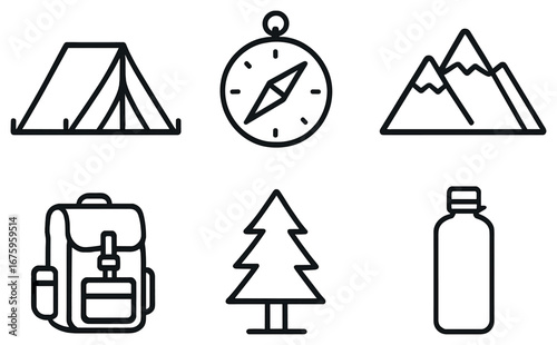 Camping and hiking linear icon set. featuring tent, compass, mountains, backpack, tree, and water bottle