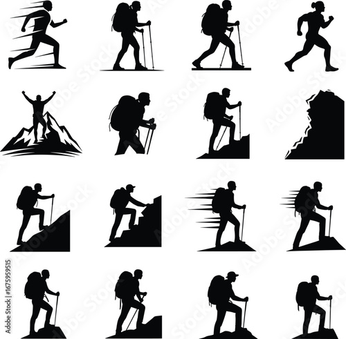 Silhouette vector illustration of hikers climbing mountains, trekking with poles, running, and celebrating outdoors, perfect for adventure and travel concepts.
