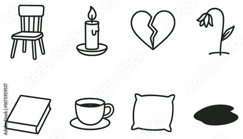 Mood and emotions linear icon set. featuring chair, candle, broken heart, wilted flower, book, cup, pillow, puddle.