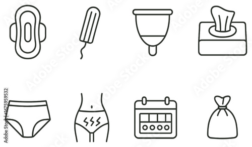 Feminine hygiene linear icons set. featuring pad, tampon, cup, tissue box, underwear, cramps, calendar, bag symbols