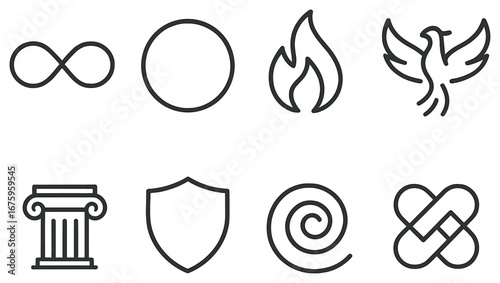 Philosophical symbols linear icon set. featuring infinity, circle, flame, phoenix, column, shield, spiral, and knot