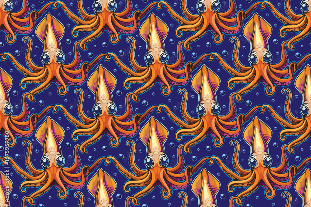Obraz premium Seamless Vector Pattern of Cute Cartoon Squid – High-Quality, Editable, Tileable Design for Kids Products, Fabrics, Packaging, and Digital Projects