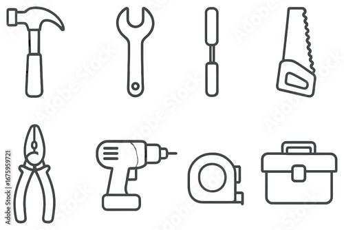Tool linear icon set. featuring hammer, wrench, chisel, saw, pliers, drill, tape measure, toolbox symbols