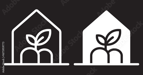 Simple line art icon of a greenhouse with a potted plant inside.A flowerpot with flower plants. Macro of vegetable seedlings in a greenhouse community. Plants line art icon image outline vector line a