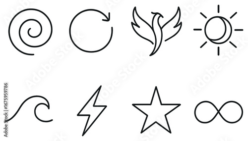 Energy theme linear icons set. featuring spiral, refresh, phoenix, sun, wave, lightning, star, infinity