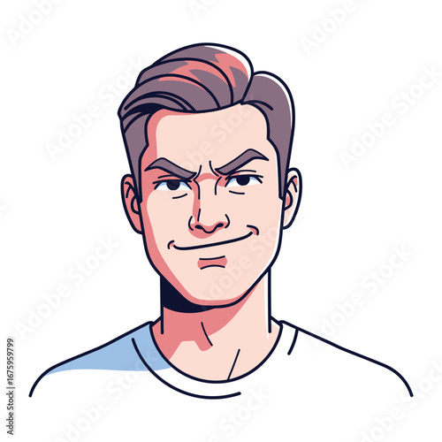 Sly Grin: A stylized illustration of a man's face expressing a look of cunning, mischievousness, or subtle amusement, the portrait emphasizing the contours of his features and a slight smirk.