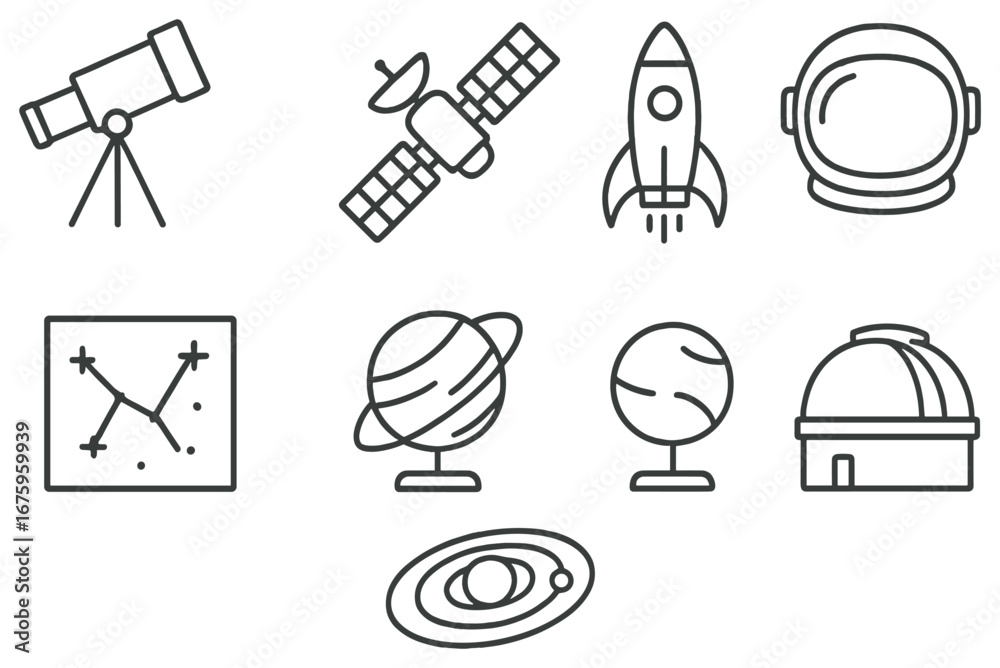 Fototapeta premium Astronomy linear icon set. featuring telescope, satellite, rocket, astronaut helmet, constellation, planet, globe, observatory, solar system