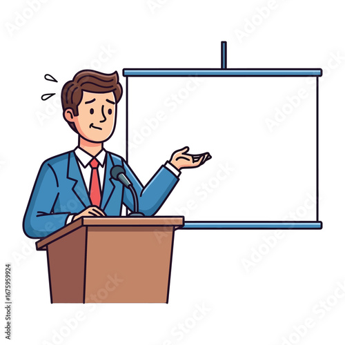 Nervous Presentation: A presenter is about to start a presentation, looking unsure and holding his hand up. A lighthearted.