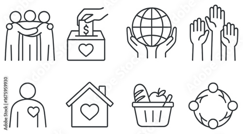 Charity and community engagement linear icon set. featuring donation, volunteer, support, community, and care symbols