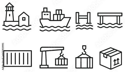 Maritime and shipping linear icon set. featuring lighthouse, ship, dock, container, crane, and package symbols