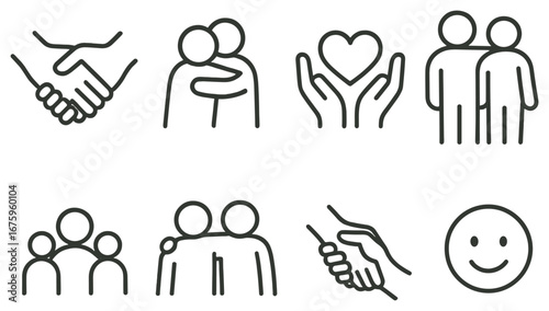 Relationships linear icon set. featuring handshake, hug, heart, friendship, group, support, smile