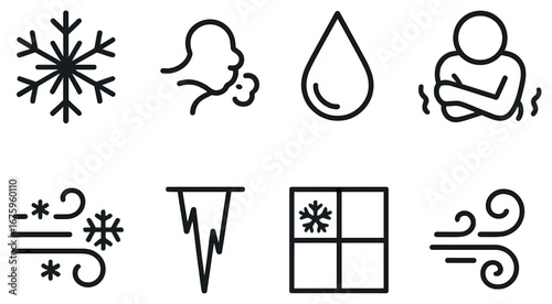 Winter and cold weather linear icon set. featuring snowflake, cold, shiver, wind, and raindrop symbols
