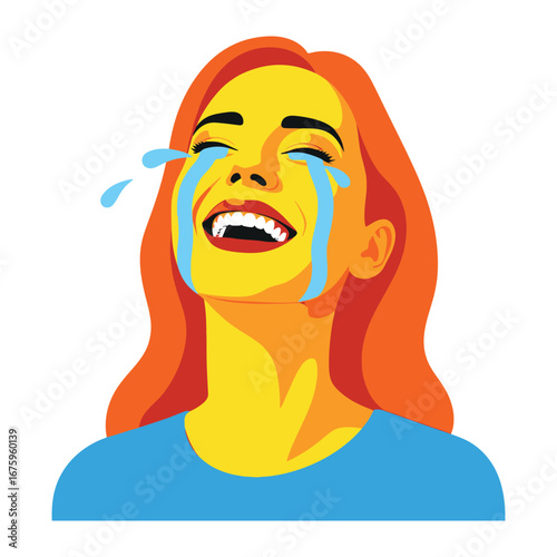 Joyful Tears: A vibrant illustration of a woman laughing so hard she's crying, showcasing a powerful expression of unadulterated happiness and emotional release. 