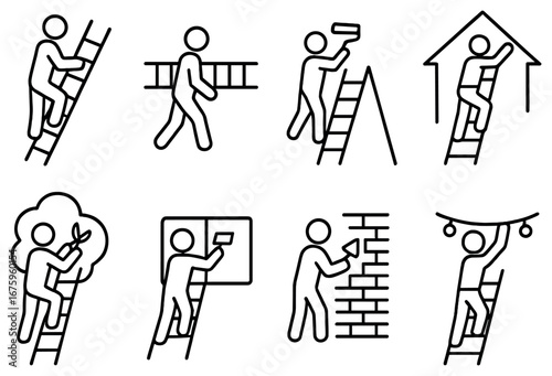 Home maintenance linear icon set. featuring ladder, painting, pruning, construction, and bricklaying symbols