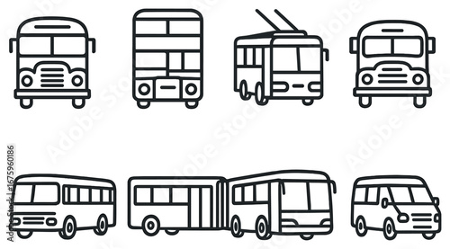 Public transport linear icon set. featuring bus, double-decker, trolleybus, and minibus symbols