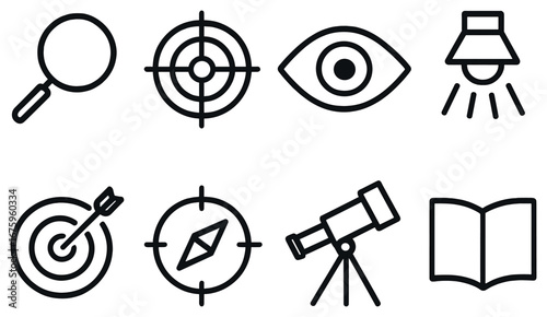 Exploration and discovery linear icon set. featuring magnifying glass, target, eye, light, dartboard, compass, telescope, book