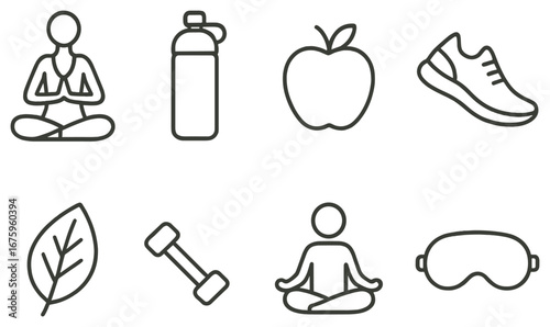 Health and fitness linear icon set. featuring meditation, water bottle, apple, running shoe, leaf, dumbbell, sleep mask