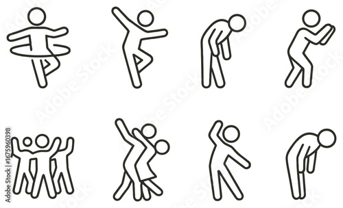 Dance moves linear icon set. featuring hula hoop, hip hop, tired, sneaky, crowd, ballroom