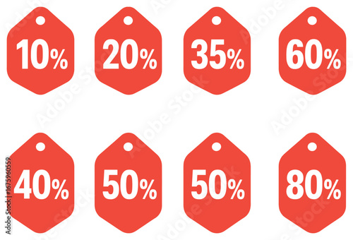 Discount percentage flat icon set. featuring 10%, 20%, 35%, 40%, 50%, 60%, 80% tags