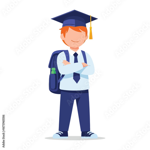 Young Scholar Ready for Knowledge: A young student, adorned in a graduation cap and carrying a backpack, embodies the spirit of educational achievement.