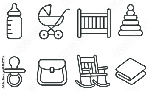 Baby essentials linear icon set. featuring bottle, stroller, crib, pyramid, pacifier, bag, chair, and blanket