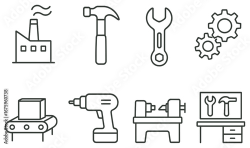 Industrial tools linear icon set. featuring factory, hammer, wrench, gears, conveyor, drill, lathe, workstation