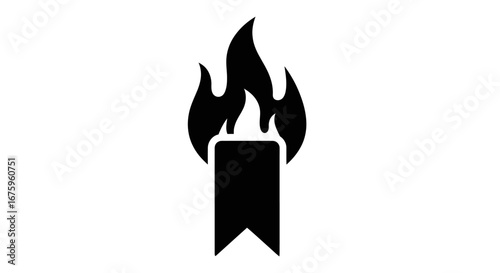 Burning Candle Icon with Flame and Ribbon Detail, Black Silhouette.