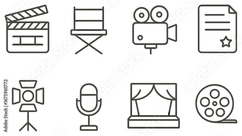 Film and cinema linear icon set. featuring clapperboard, director chair, camera, screenplay, spotlight, microphone, stage, film reel
