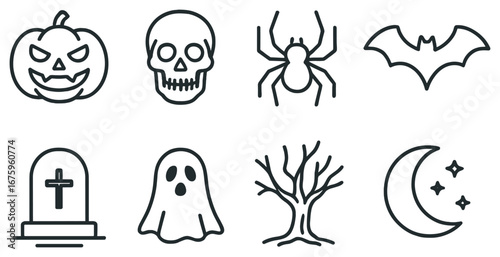 Halloween linear icon set. pumpkin, skull, spider, bat, tombstone, ghost, tree, moon icons