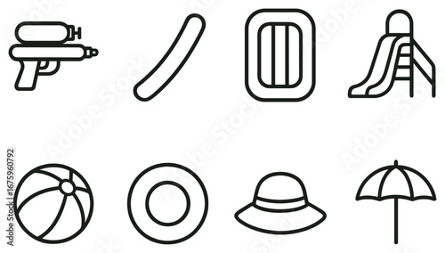 Summer activities linear icon set. featuring water gun, boomerang, float, slide, ball, ring, hat, umbrella