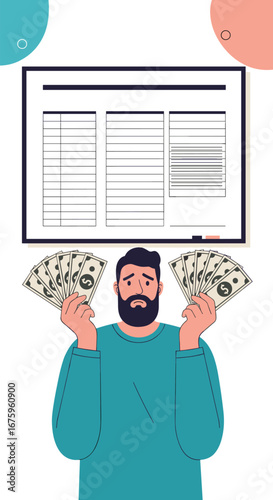 Man feeling worried about his finances holding many dollar bills in front of a financial report