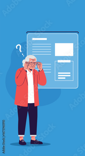 Elderly person with glasses looking confused at a digital display with information about memory loss and cognitive decline affecting older adults health