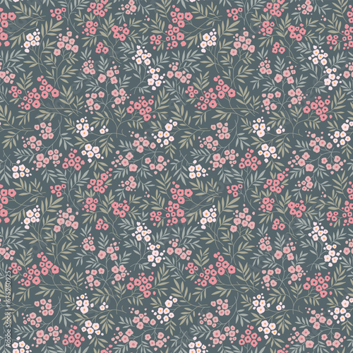 Vintage floral background. Seamless vector pattern for design and fashion prints. Flowers pattern with small pink , white and peach flowers on a dark gray green background. Ditsy style. Stock print

