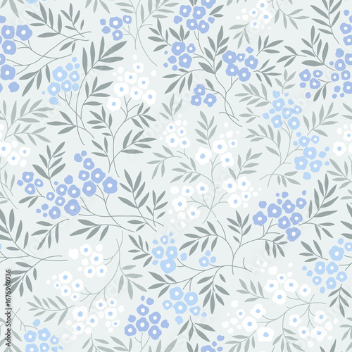 Cute floral pattern in small vintage flowers. Small light blue and white flowers. Gray background. Ditsy print. Floral seamless background. Gentle template for fashion prints. Fashion summer print.