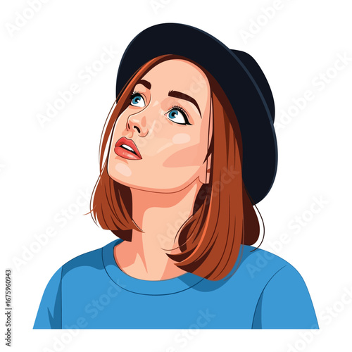 Girl Looking Up: A charming illustration of a young woman with auburn hair, wearing a stylish hat and a vibrant blue top, gazing upward with a sense of wonder.