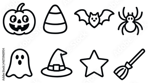 Halloween linear icon set. featuring pumpkin, candy corn, bat, spider, ghost, witch hat, star, broom symbols
