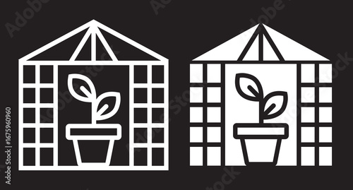 Simple line art icon of a greenhouse with a potted plant inside.A flowerpot with flower plants. Macro of vegetable seedlings in a greenhouse community. Plants line art icon image outline vector line a