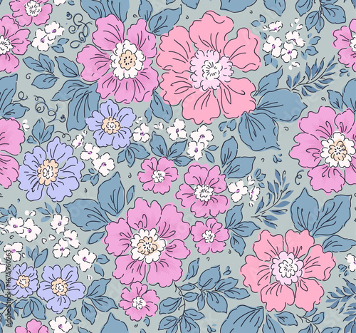 Wallpaper Mural Cute feminine seamless gentle pattern with little tiny roses flowers, hand drawn. Beautiful floral pattern in small vintage flowers. Small pirple and pink flowers. Light gray background. Liberty print Torontodigital.ca