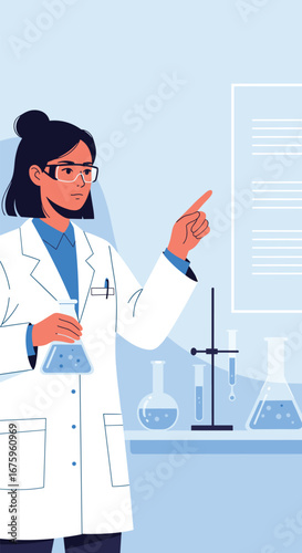 Illustration of a determined female scientist in a lab coat conducting a research experiment in a brightly lit laboratory with scientific equipment