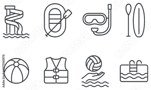 Water sports linear icon set. featuring slide, raft, snorkel, paddles, surfboard, beach ball, life vest, pool