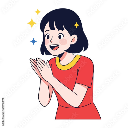 Animated Applause: A cartoon woman with a charming smile claps her hands together in a playful display of delight. capturing the expression of pure joy, and celebrate happiness.