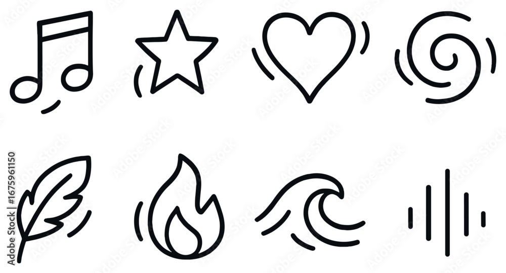 Naklejka premium Emotion and nature linear icon set. featuring music, star, heart, swirl, feather, fire, wave, and sound symbols