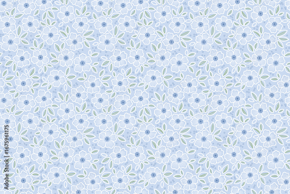 Obraz premium Cute floral pattern in small hand drawn daisy flowers. Small white flowers. Light blue background. Ditsy print. Floral seamless background. Gentle template for fashion prints. Fashion summer print. 