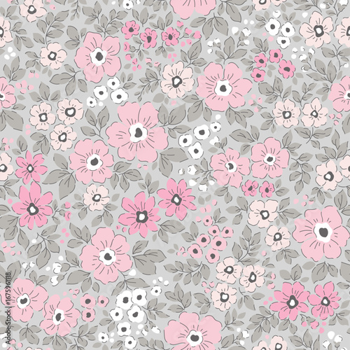 Vintage floral background. Liberty floral pattern with small white, pink and coral flowers on a gray background. Seamless pattern for design and fashion prints. Ditsy style. Stock vector illustration.