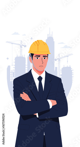 An architect posing confidently with arms crossed in a suit and hard hat in front of a cityscape illustration