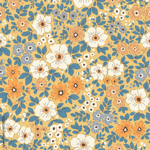 Retro floral pattern in small flowers. Small white and orange natural flowers. Gold yellow mustard background. Ditsy print. Floral seamless background. Cute vintage template for fashion prints. Stock 